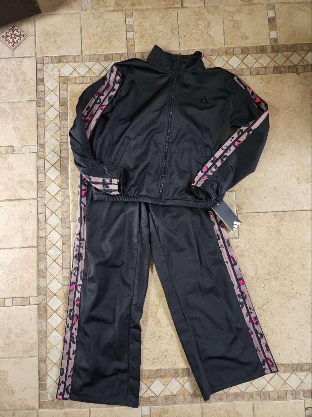Adidas Black Girls' Athletic Track Set with Pink Leopard Accent Stripe - Picture 2 of 6